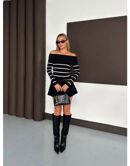 Çizgili Madonna Yaka Kaşkorse Bluz Siyah A844