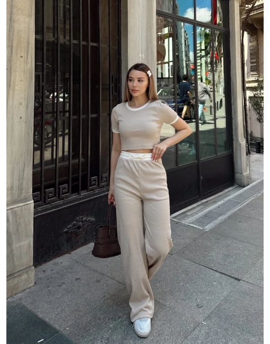 Crop Pantolon Biyeli Takım Bej