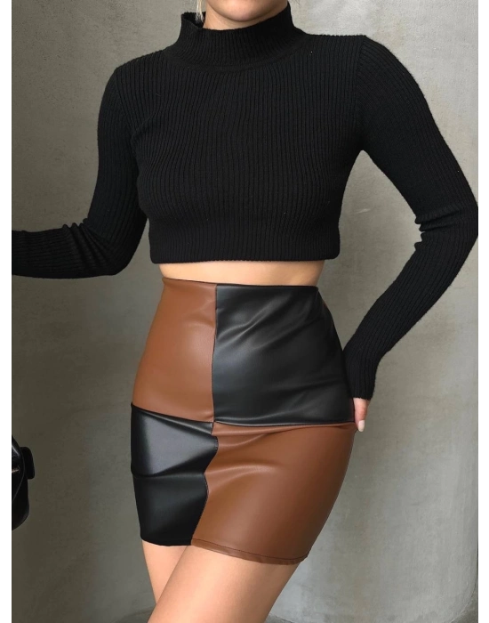 Damalı Deri Etek Siyah Kahve W24648