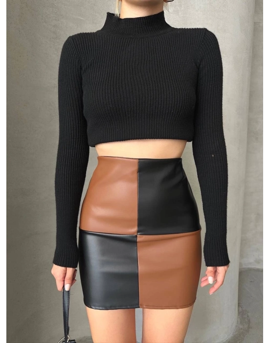 Damalı Deri Etek Siyah Kahve W24648