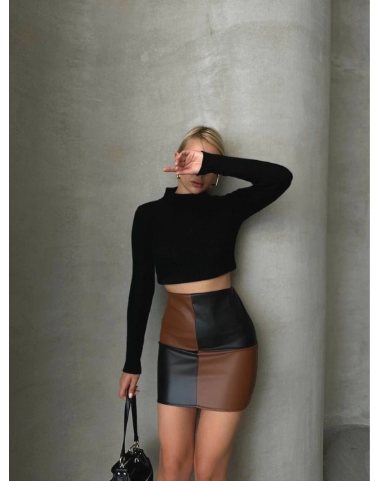 Damalı Deri Etek Siyah Kahve W24648