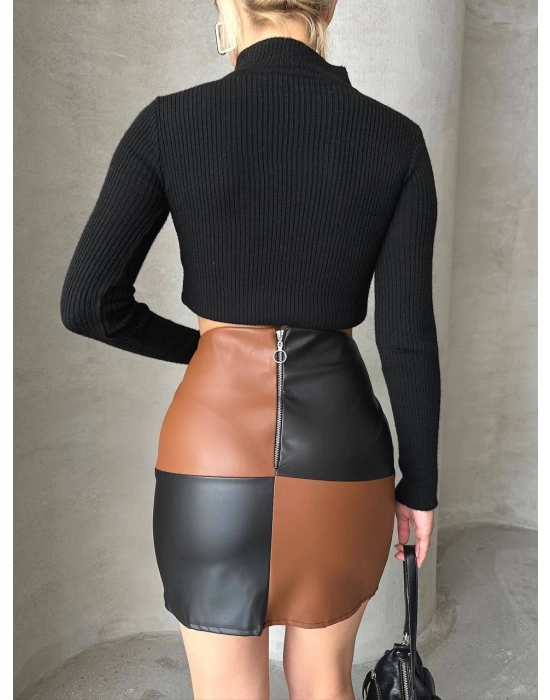 Damalı Deri Etek Siyah Kahve W24648