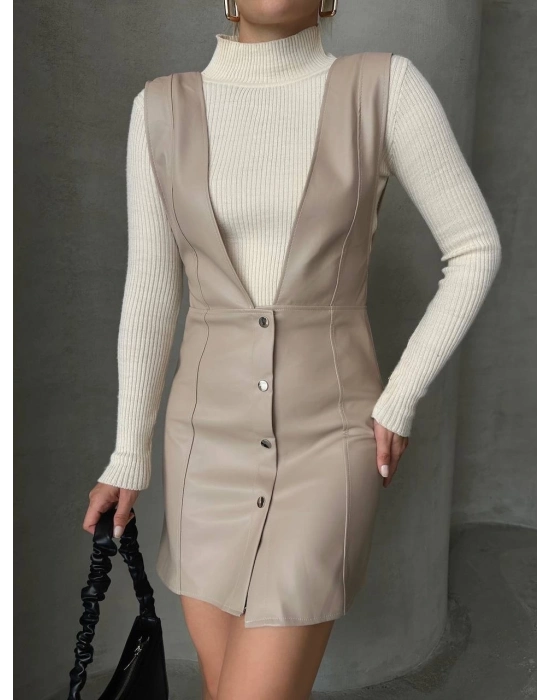 Deri Jile Elbise Bej W24796