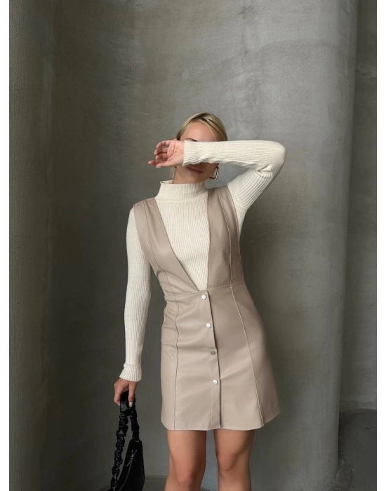 Deri Jile Elbise Bej W24796