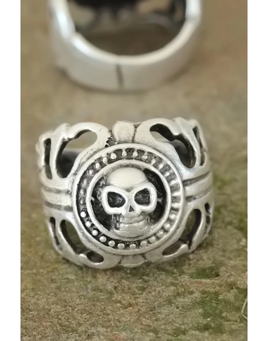 Eskitme Gümüş Renk Metal Kuru Kafa Tasarım Ayarlamalı Erkek Yüzük - Bamido