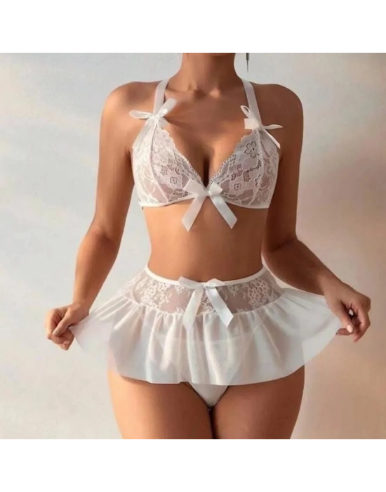 Fantazi Beyaz Dantelli Fiyonklu Seksi Babydol