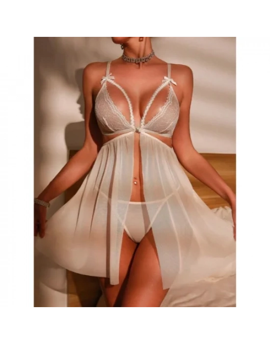 Fantezi Beyaz Dantel Sütyenli Transparan Gecelik