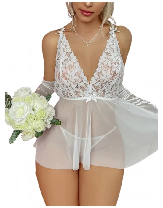 Fantezi Beyaz Dantelli Transparan Tül Etekli Seksi Elbise Gecelik