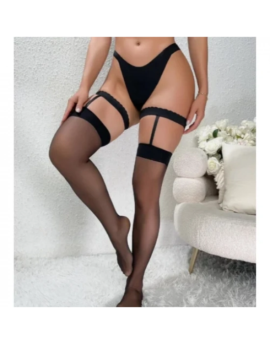 Fantezi Kadın Siyah Dantel Bacak Bantlı String Jartiyer Çorap Takımı