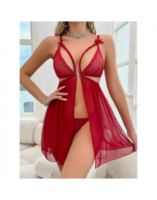 Fantezi Kırmızı Dantel Sütyenli Transparan Gecelik