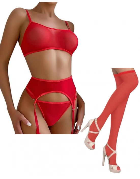 Fantezi Kırmızı Transparan Tül Jartiyer Takımı