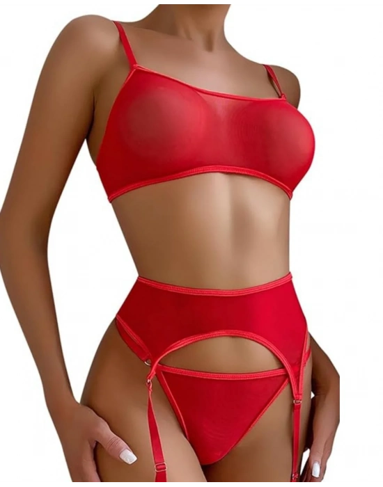 Fantezi Kırmızı Transparan Tül Jartiyer Takımı