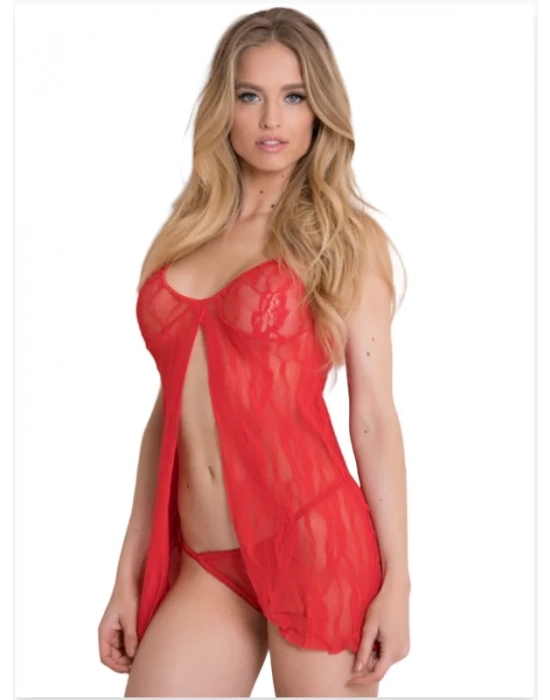 Fantezi Önü Açık Kırmızı Dantel Gecelik İç Giyim