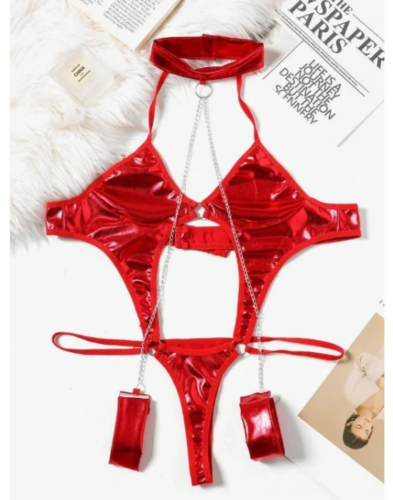 Fantezi Seksi Zincirli Kelepçeli Lame Gecelik