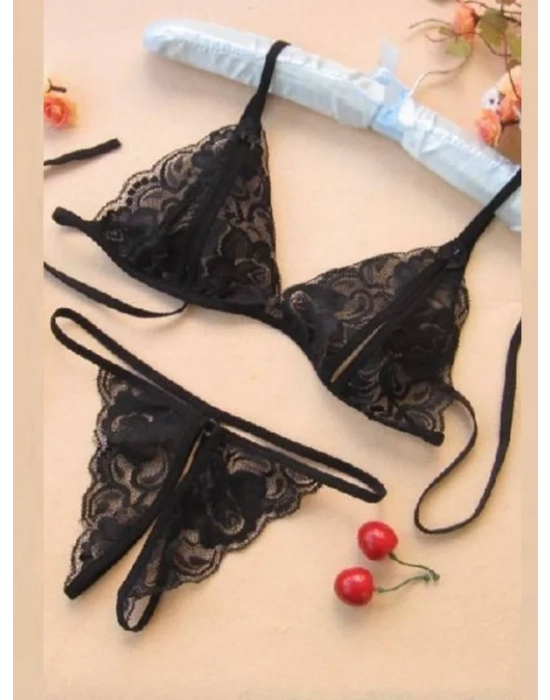 Fantezi Siyah Dantelli Seksi Sütyen Külot Takım