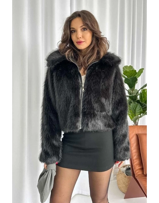 Fermuarlı Kısa Kürk Siyah T7746