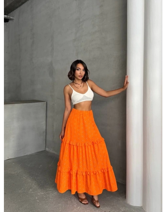 Fırfırlı Brodeli Astarlı Uzun Etek Turuncu S255047