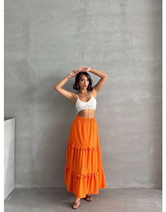 Fırfırlı Brodeli Astarlı Uzun Etek Turuncu S255047