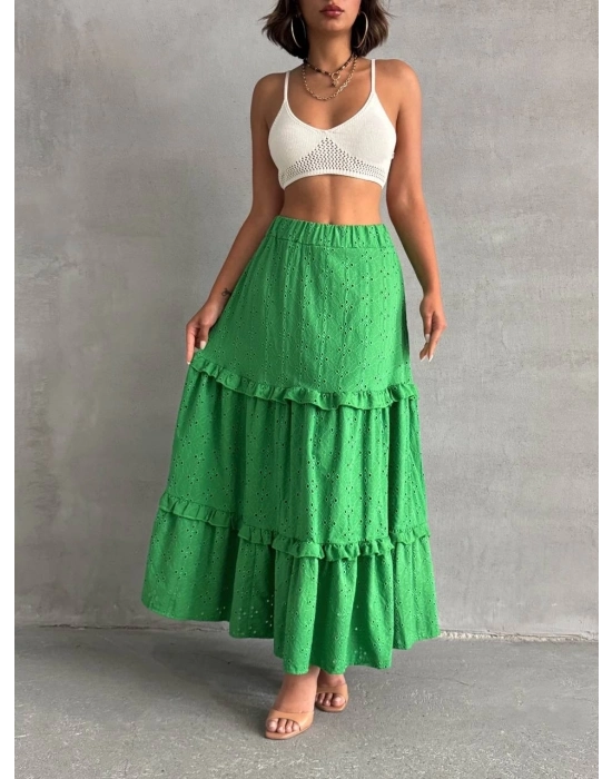 Fırfırlı Brodeli Astarlı Uzun Etek Yeşil S255047