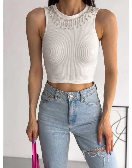 Fitilli Kaşkorse Yakası Zincirli Atlet Beyaz