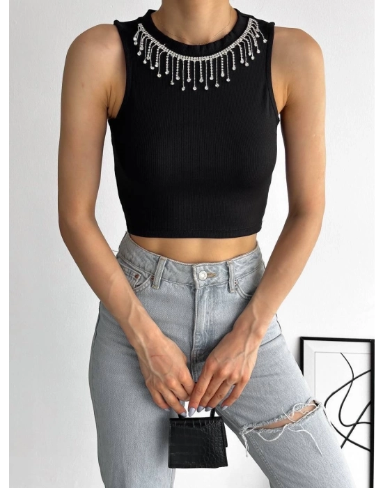 Fitilli Kaşkorse Yakası Zincirli Atlet Siyah