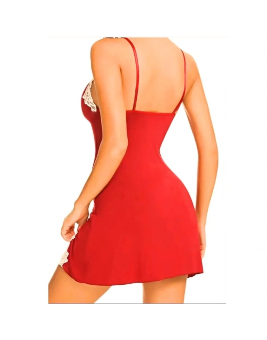 Fiyonklu Dantelli Yırtmaçlı Kırmızı Gecelik