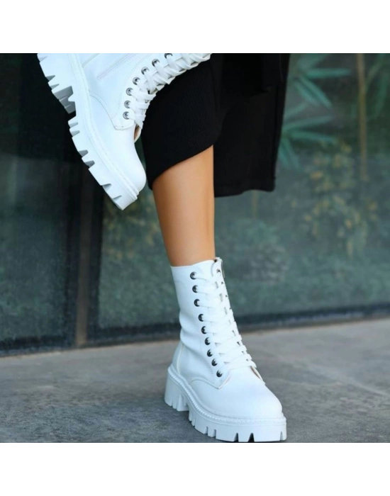 Flona Beyaz Cilt Bağcıklı Bot - Bamido