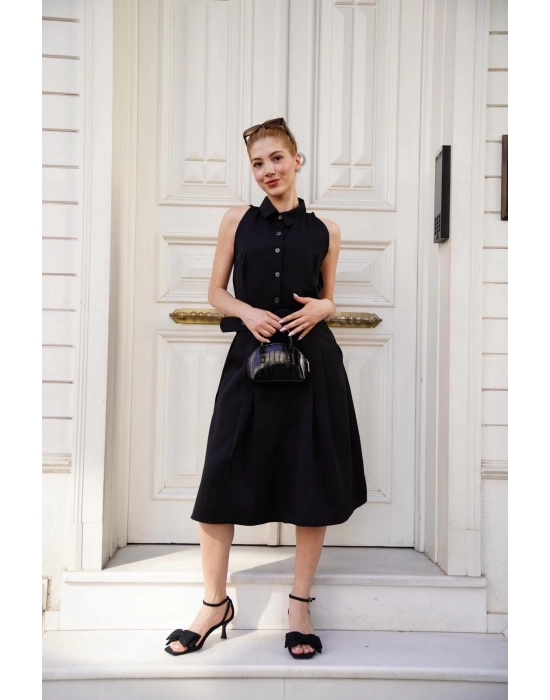 Gömlek Yaka Kemerli Elbise Siyah S255061