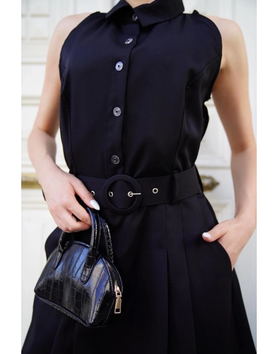 Gömlek Yaka Kemerli Elbise Siyah S255061