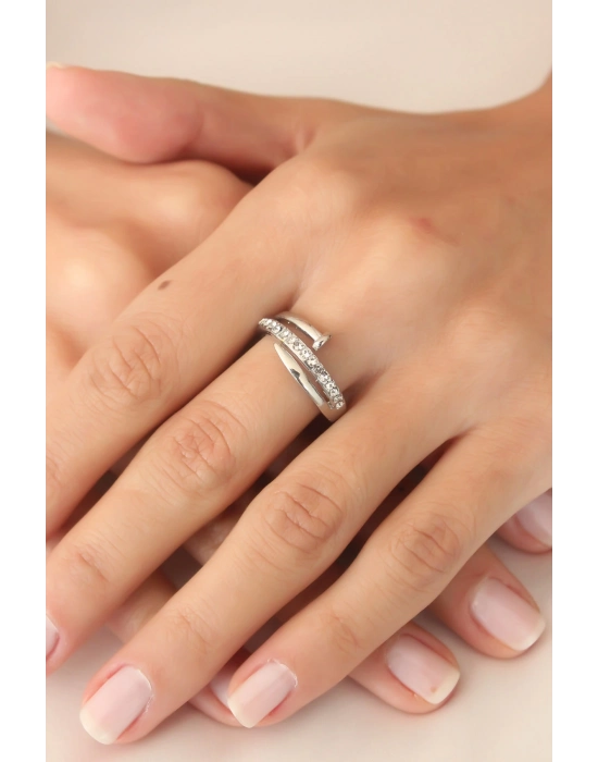 Gümüş Renk Taşlı Çivi Ayarlanabilir Kadın Yüzük - Bamido