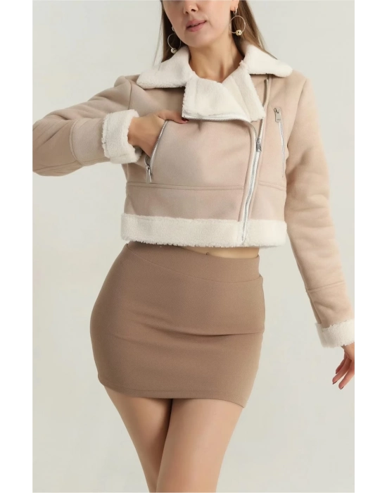 İçi Kürklü Dışı Süet Kısa Kaban Bej T1186