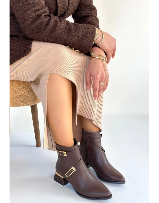 İnay Kahverengi Cilt Topuklu Bot