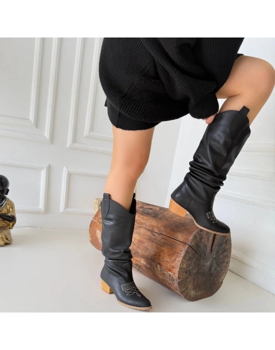 Jeoni Siyah Cilt Topuklu Çizme