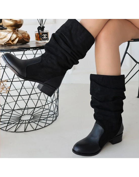 Jolin Siyah Cilt Süet Detaylı Çizme - Bamido