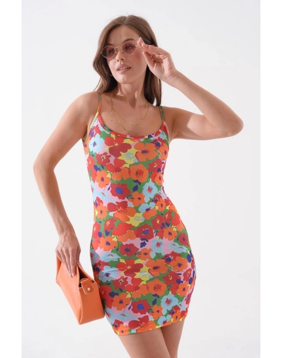 Kadın İnce Askılı Desenli Elbise S8105