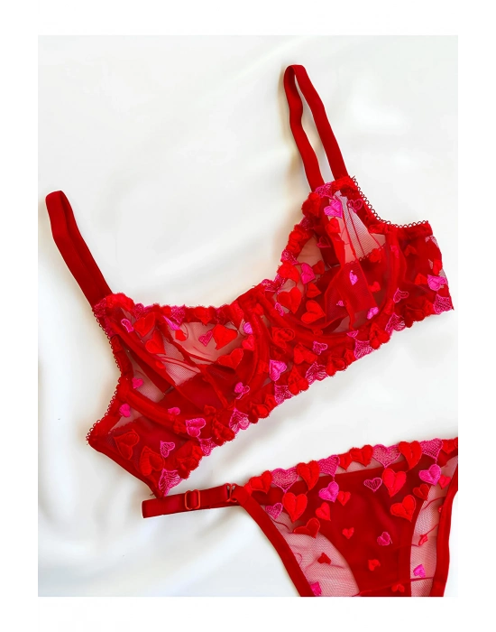 Kadın  Kalpli Kırmızı Dantelli Balenli  Sütyen Külot Takım