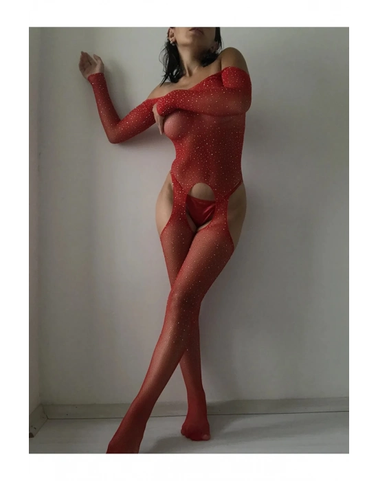 Kadın Özel Bölgesi Açık Kırmızı Fantezi Taşlı Vücut Çorabı