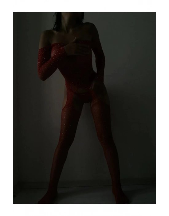 Kadın Özel Bölgesi Açık Kırmızı Fantezi Taşlı Vücut Çorabı