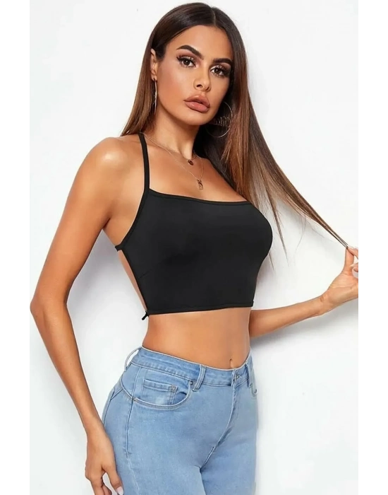 Kadın Sırtı Açık Siyah Belden Bağlamalı Crop Büstiyer