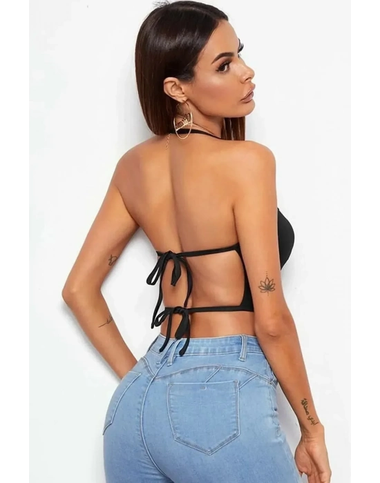 Kadın Sırtı Açık Siyah Belden Bağlamalı Crop Büstiyer