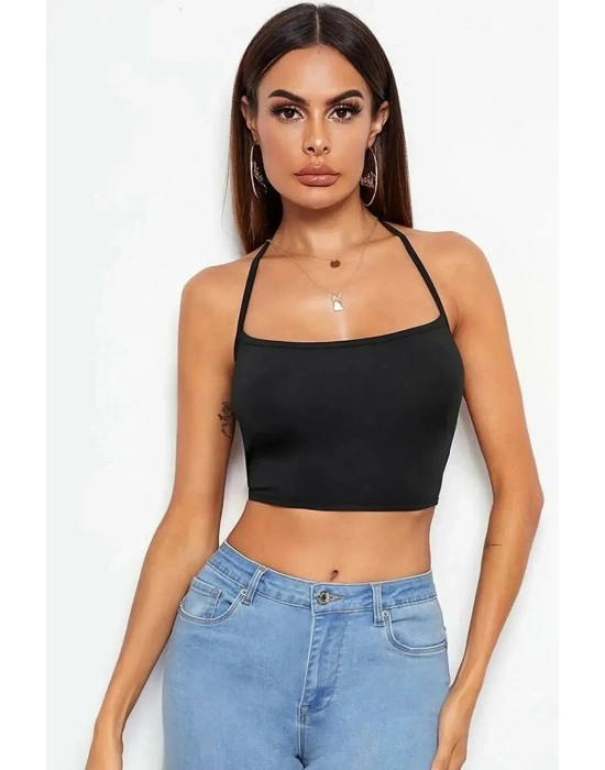 Kadın Sırtı Açık Siyah Belden Bağlamalı Crop Büstiyer