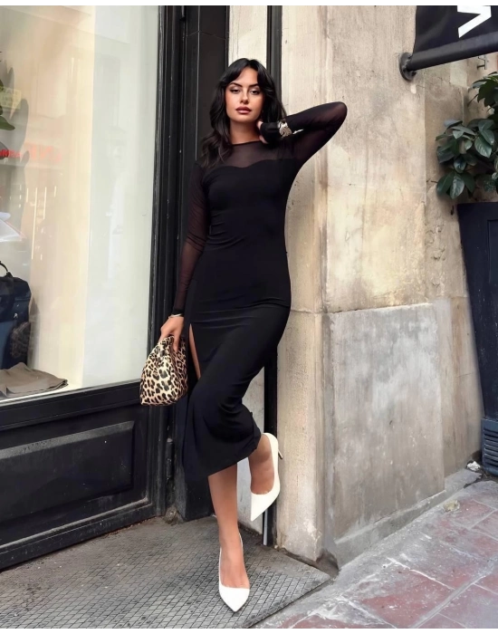 Kadın Tül Detaylı Midi Boy Yırtmaçlı Elbise