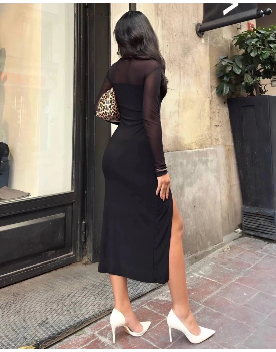 Kadın Tül Detaylı Midi Boy Yırtmaçlı Elbise