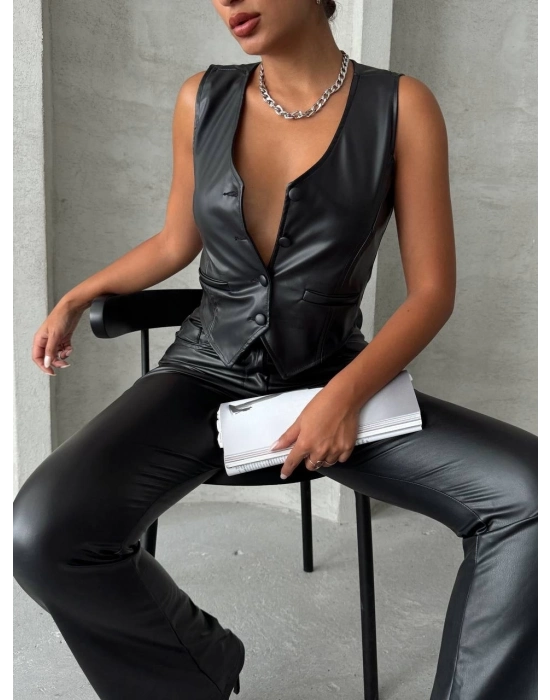 Kaplama Düğmeli Deri Yelek Siyah S24398