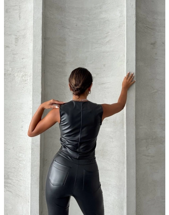 Kaplama Düğmeli Deri Yelek Siyah S24398