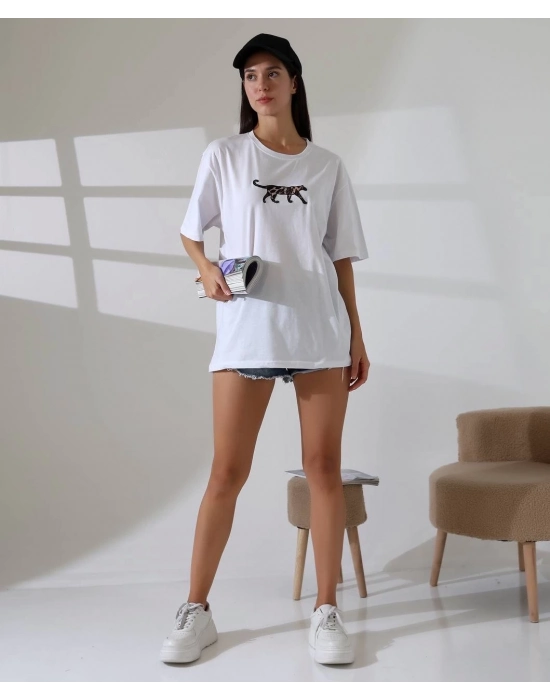 Kaplan Nakış İşlemeli Oversize Tişört