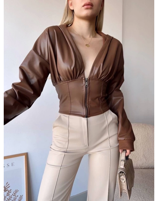 Kapşonlu Yarım Fermuarlı Ceket Kahve H24116