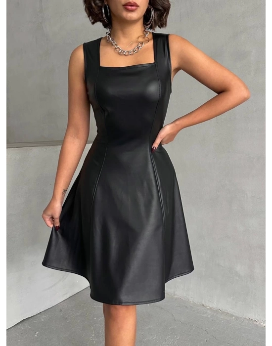 Kare Yaka Deri Elbise Siyah H24442