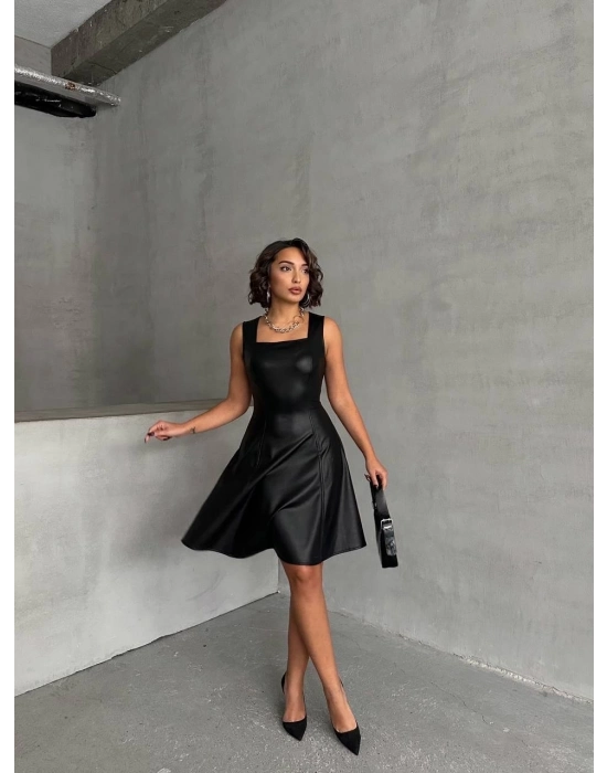 Kare Yaka Deri Elbise Siyah H24442