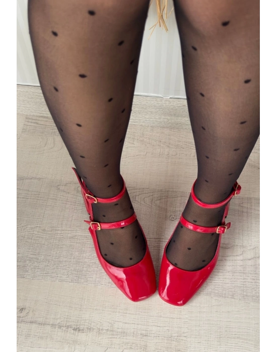 Karmi Kırmızı Rugan Topuklu Kemerli Ayakkabı - Bamido